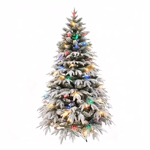 Shatchi Lapland Fir Pre-Lit Artificial Christmas Tree with 180 Multicolour LEDs and Snow Flocked Tips, Green, H: 150 cm – 1