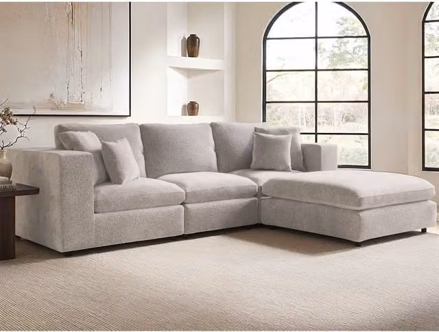 SolaceCo Asher 4 Seater L-Shape Sofa with Matching Ottoman in Beige Boucle