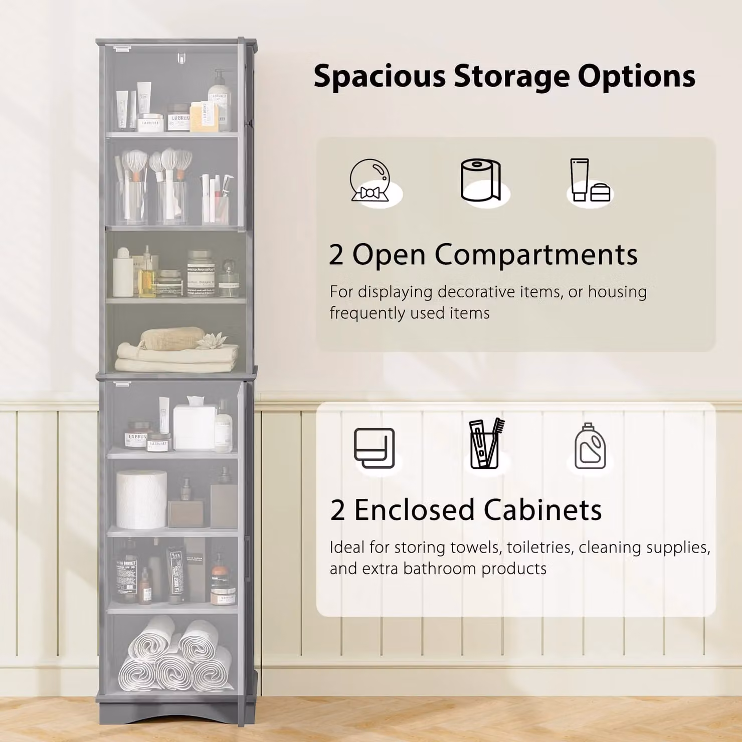 Costway Grey Freestanding Corner Bathroom Storage Cabinet with Internal Shelves and Open Shelf Design – 3