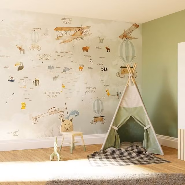 Superfresco Easy Around the World Sage Print Mural in Green and Multicolour, W: 3 m x H: 2.8 m