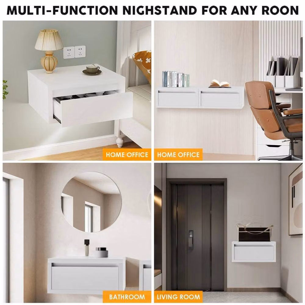 FLAVORA Wall Mounted Bedside Cabinet Floating Nightstand in White with Integrated Lighting – 2