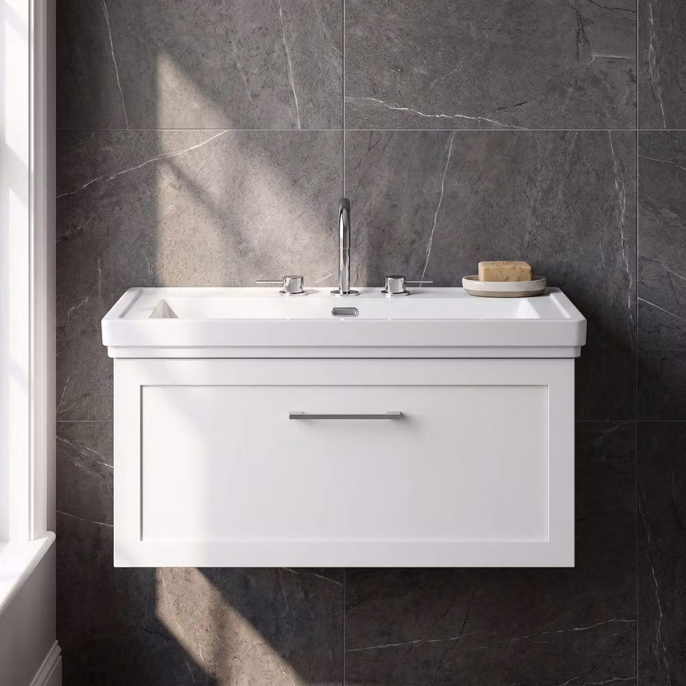 Balterley Stonnall Wall Mounted 1 Drawer Vanity Unit and 3TH Fireclay Basin in Matt White, Width: 80 cm – 2