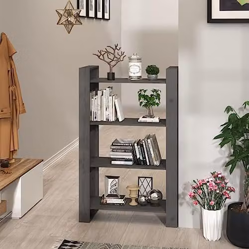 vidaXL Grey Solid Pine Wood Book Cabinet and Room Divider, W/D/H: 80 x 35 x 125 cm – 2