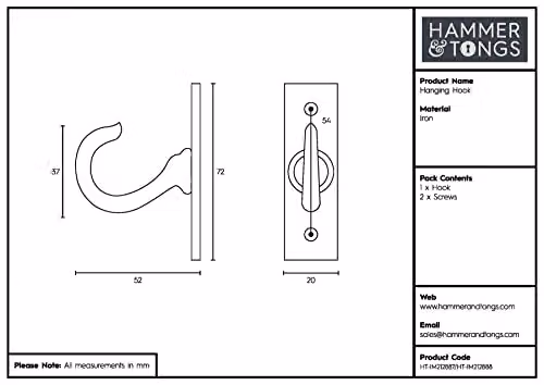 Hammer and Tongs Matt Black Iron Hanging Hook, Pack of 10, W: 2 cm, H: 7 cm – 4