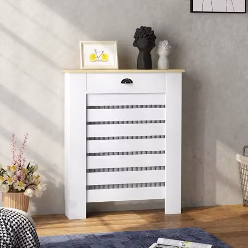HOMCOM Radiator Cover with Drawer, White MDF, H: 95.5 cm, W: 78 cm, D: 19 cm – 5