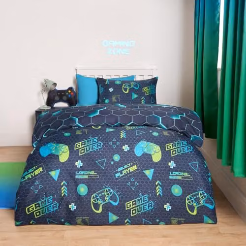 OHS Reversible Gaming Duvet Cover Set with Pillowcase in Green and Blue, Single Size, W/D/H: 135 x 200 cm and 50 x 75 cm – 1
