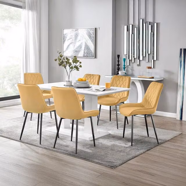 FurnitureboxUK Imperia White Rectangular Dining Table and 6 Pesaro Mustard Chairs with Black Legs