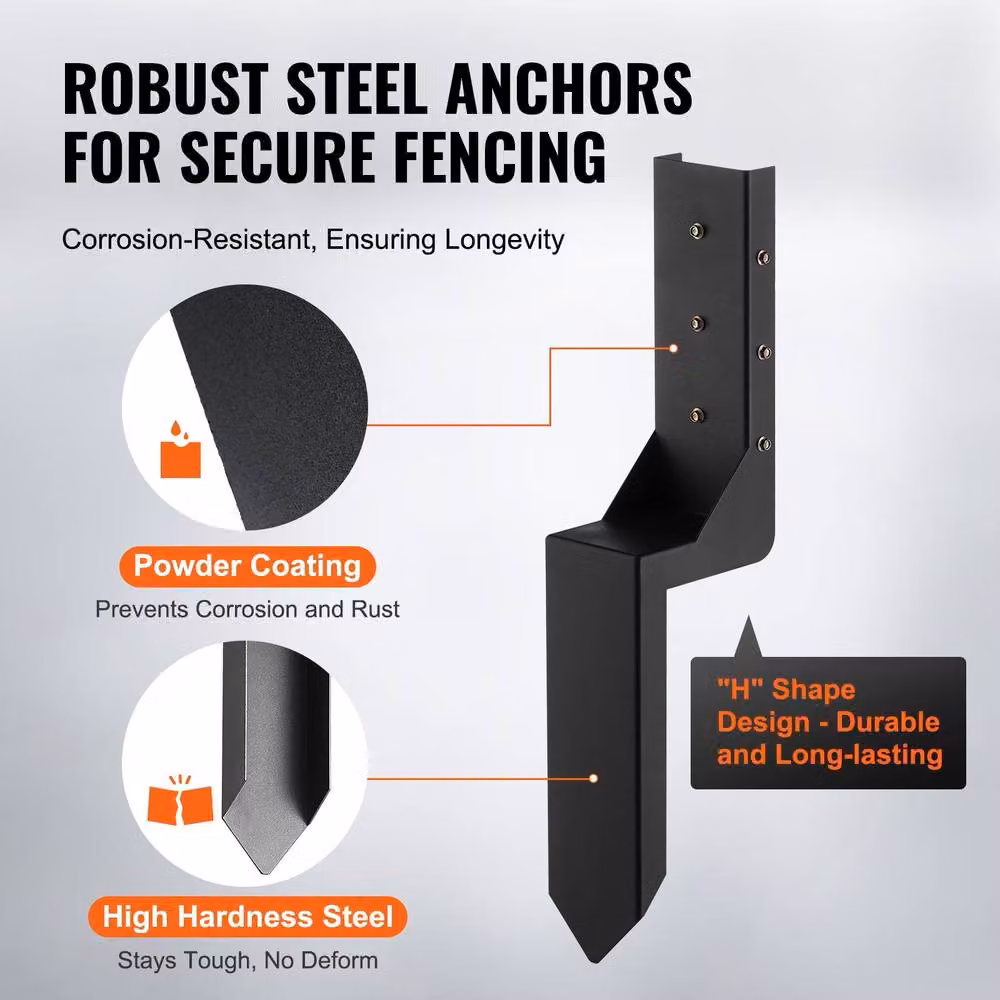 VEVOR Heavy Duty Steel Fence Post Anchor Kit, Black, 6 Pack – 5
