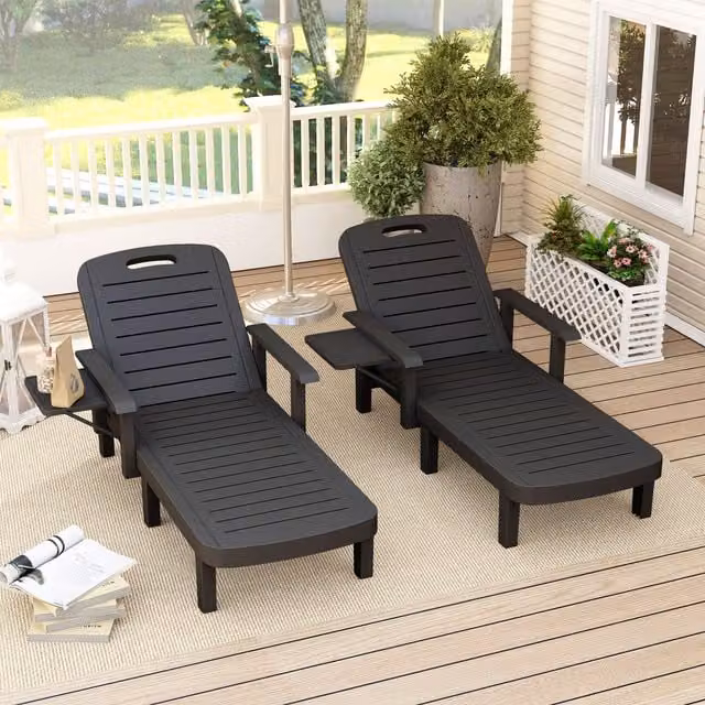 Outsunny Set of 2 Black Resin Reclining Sun Loungers with Armrests and Side Trays