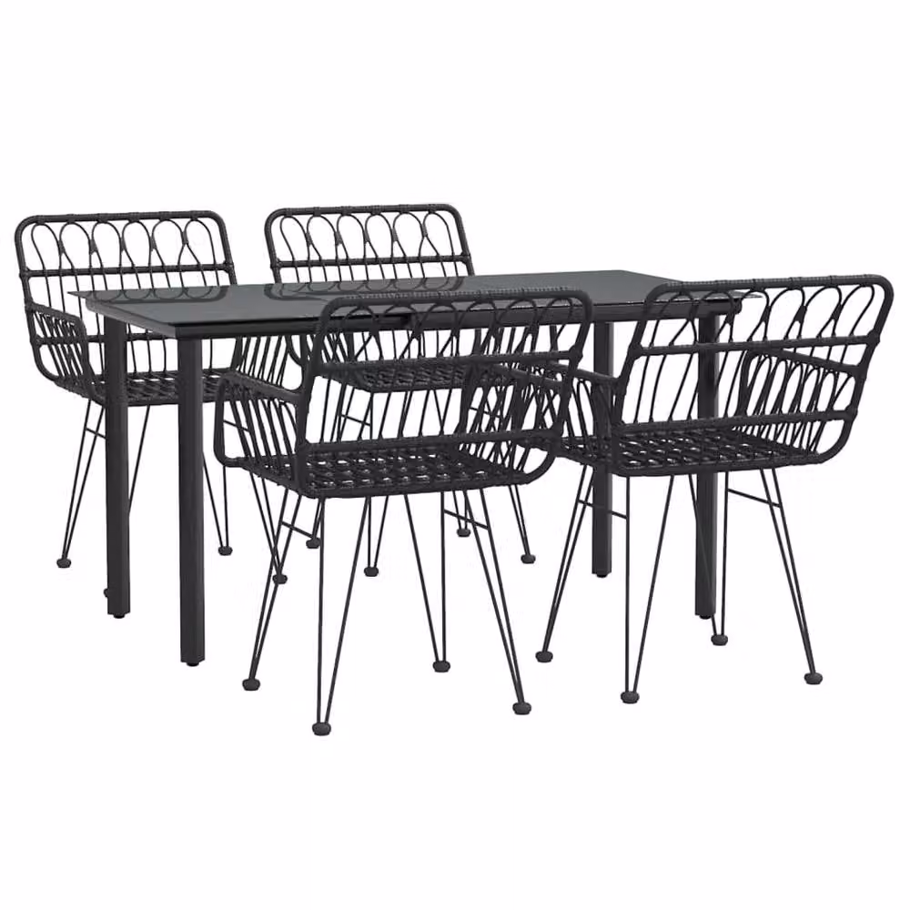 Berkfield Home 5 Piece Black Poly Rattan Garden Dining Set with Metal and Glass Details – 3