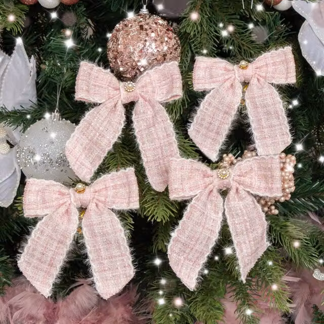 Melody Maison Set of 4 Pink and White Tartan Boucle Jewelled Christmas Bow Hanging Decorations – 1