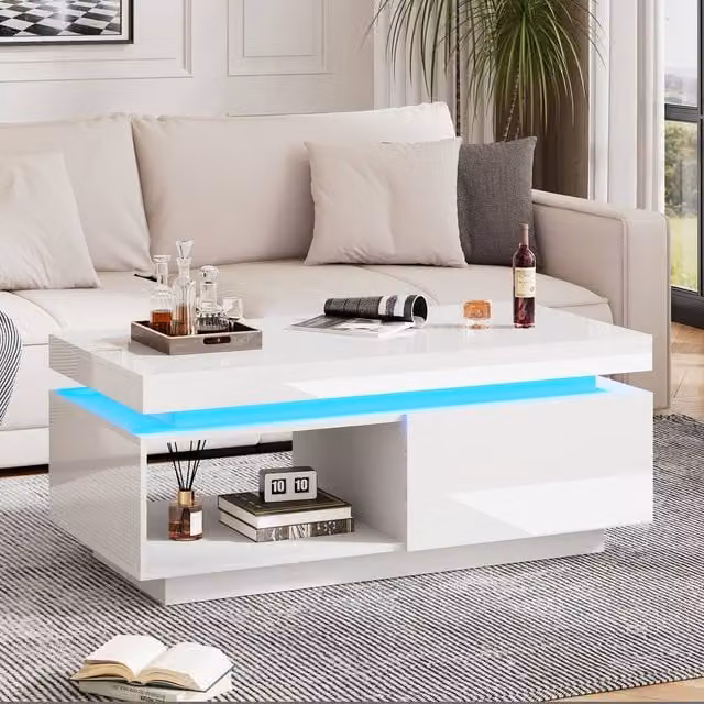 ModernLuxe High Gloss LED Coffee Table with Drawers and Open Display Shelf in White W/D/H: 100 x 40 x 40 cm