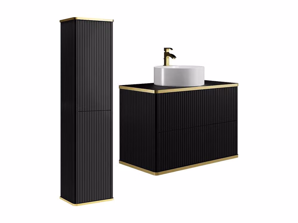 Vente-unique Black Ribbed Wall Mounted Bathroom Vanity Unit with Round Countertop Basin and Gold Details – 2