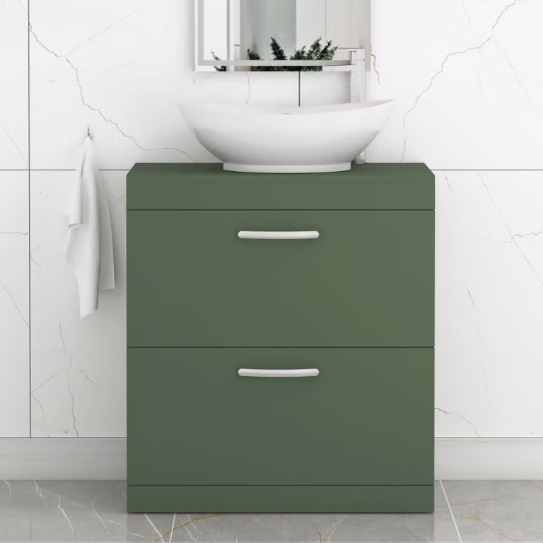 Royal Bathrooms Turin 500mm Floor Standing 2 Drawer Vanity Unit in Matte Green with Countertop Basin and Matt Black Handles