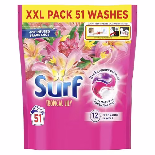 Surf 3 in 1 Tropical Lily Laundry Washing Detergent Capsules with Natural Essential Oils, 51 Washes