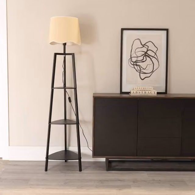 ValueLights Hiru 3 Tier Wood Shelf Floor Lamp in Black with White Fabric Scallop Shade and Included LED Bulb