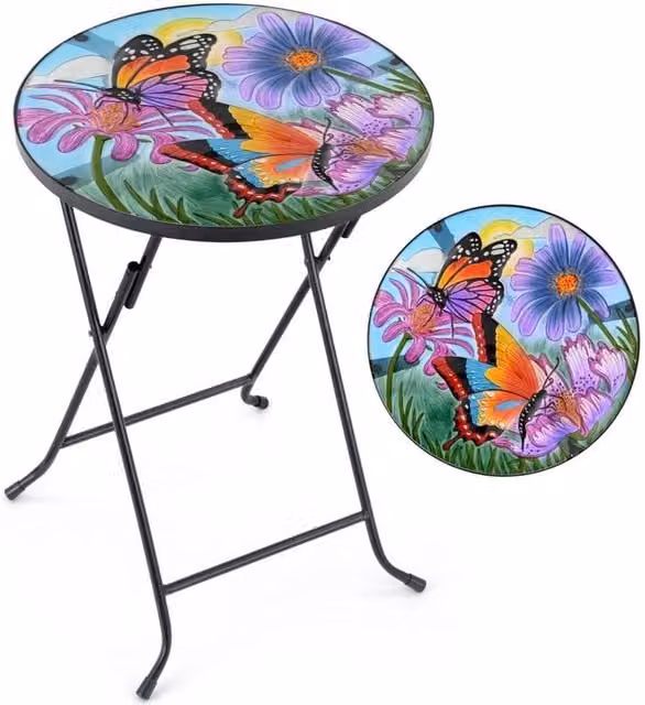 NESTLUNE Multicolour Floral Folding Glass Garden Table for Outdoor Patio and Terrace – 1