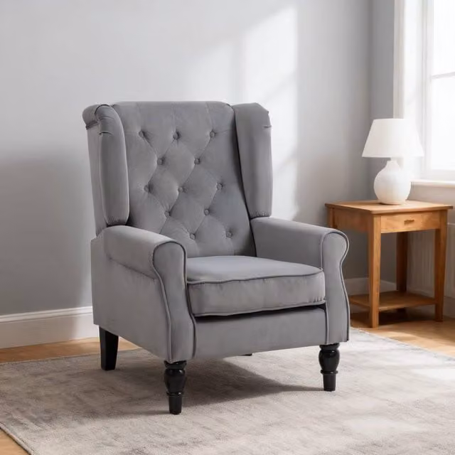 ERGOVEXA Retro Wingback Accent Chair in Grey Fabric with Solid Wood Frame, H 86.0 x W 74.0 x D 102.0 cm – 1