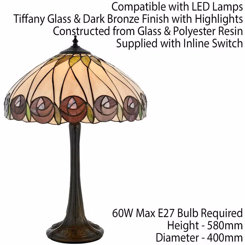 Loops Tiffany Glass Table Lamp with Mackintosh Red Rose Shade in Dark Bronze and Multicolour – 2