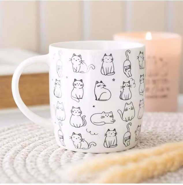 KDMD White Ceramic Happy Cat Mug, 500 ml