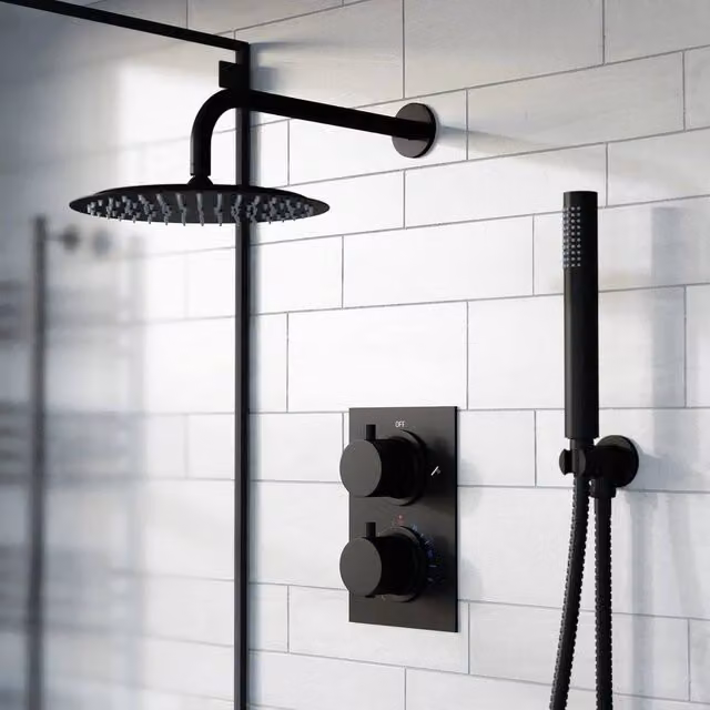 FLAVORA Round Concealed Thermostatic Shower Set with 2 Handles in Matt Black, W: 52 cm – 1