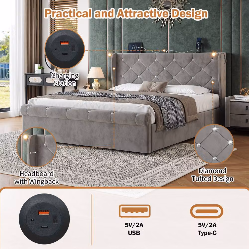 Rolipo Double Upholstered Storage Bed Frame in Grey Velvet with Integrated Reading Light and USB Charging Port, W/D/H: 140 x 200 cm – 5