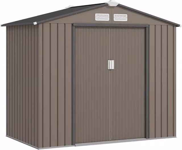 Rolipo Metal Garden Shed with Foundation Kit and Double Doors, Brown, W: 213.36 cm, D: 121.92 cm, H: 170.0 cm – 1