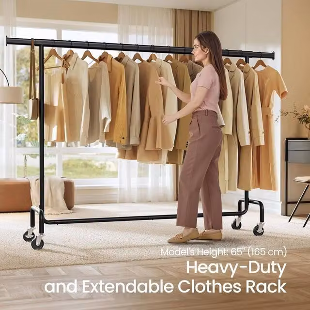 The Bazaarist Heavy Duty Rolling Clothes Rack Adjustable Garment Rail, Black