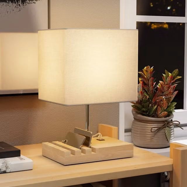 HOMCOM Modern White and Wood Bedside Lamp with 3 Organiser Slots and Fabric Shade