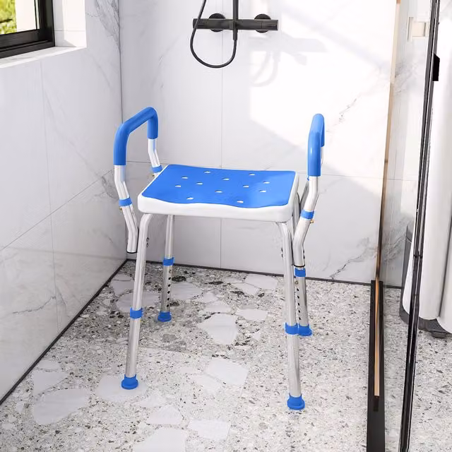 HOMCOM Non-Slip Blue Shower Stool with Adjustable Height and Drainage Seat for Seniors – 1