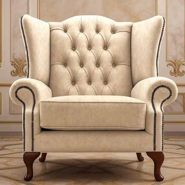 Somnior Beds Ltd Chesterfield Wingback High Chair in Beige and Yellow Abstract Velvet Fabric