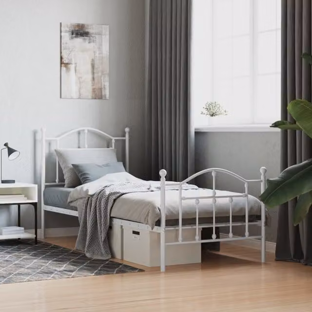 Berkfield Home Metal Bed Frame with Headboard and Footboard in White, W/D/H: 90 x 190 cm