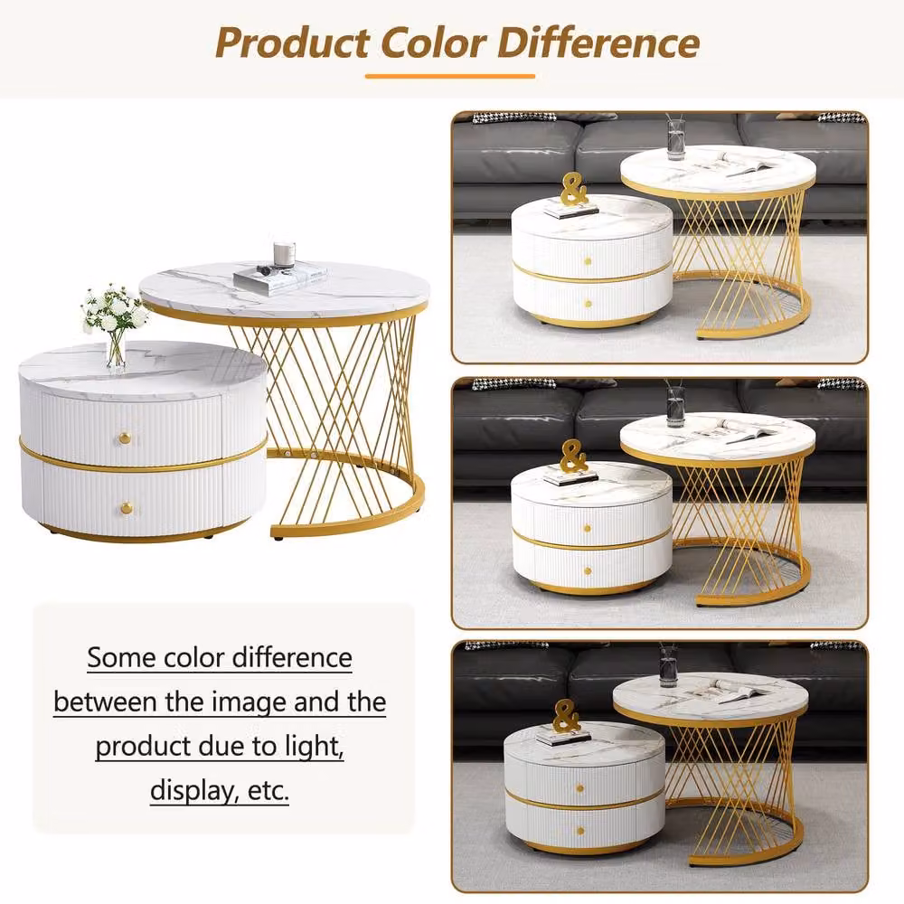 Rolipo White and Gold Round Nesting Coffee Table Set of 2 with Drawers – 5