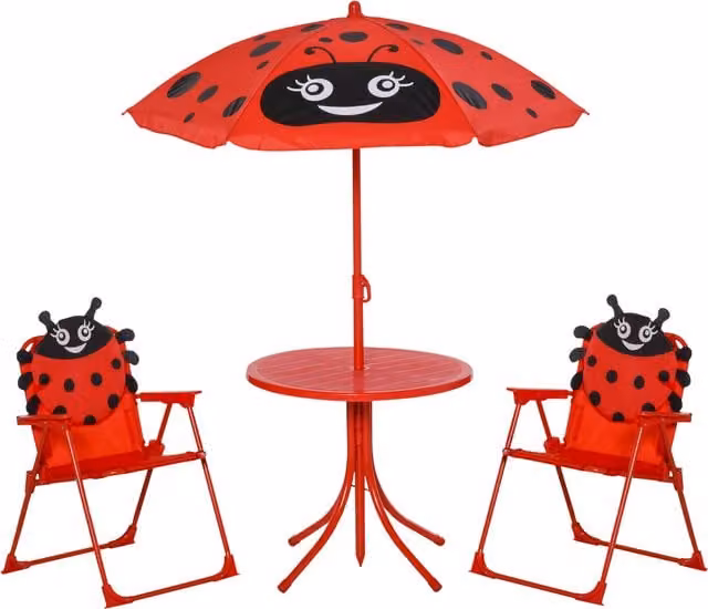 Outsunny Kids Folding Picnic Table and Chairs Set with Parasol, Ladybug Pattern, Red and Multicolour – 1