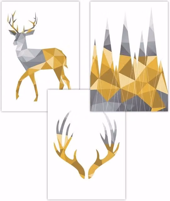 ARTZE Set of 3 Geometric Yellow and Grey Stag Paper Posters, W: 30 cm, H: 42 cm