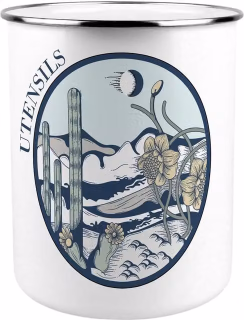 Purely Home Desert Flowers Kitchen Utensil Holder in Blue and White Ceramic and Metal