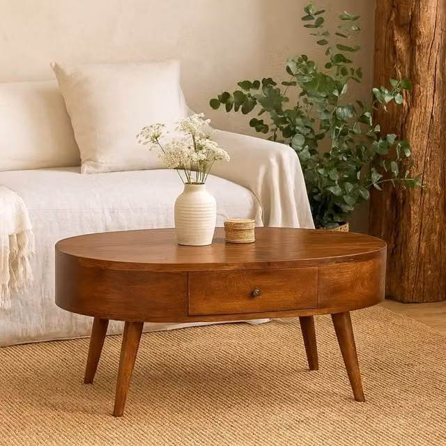 Wyld Haus Brescia Round Mango Wood Coffee Table with 2 Drawers in Brown