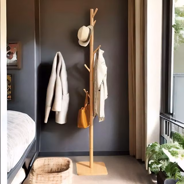 Rafaelo Mobilia Wooden 8 Hook Coat Stand with Square Base in Brown, H: 176 cm, W: 29 cm, D: 29 cm