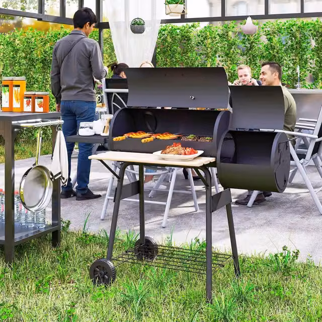 Outsunny Portable Charcoal BBQ Grill and Steel Offset Smoker Combo with Thermometer and Wheels, Black, W/D/H: 124 x 53 x 104 cm – 2