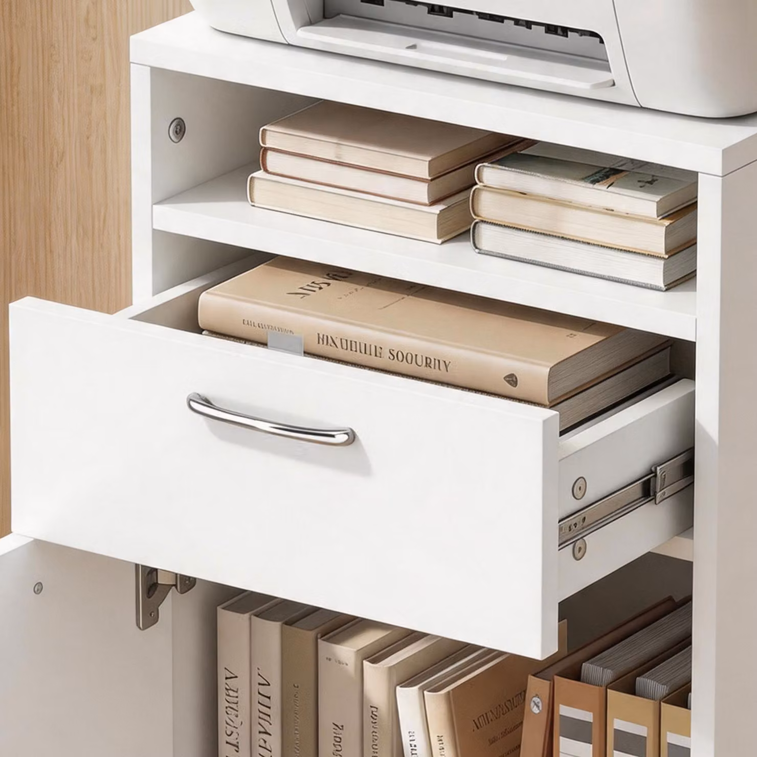 HOMCOM Mobile White Storage Cabinet with Drawer and Open Shelf, featuring Metal Handles and 4 Wheels for Home or Office Organisation – 3