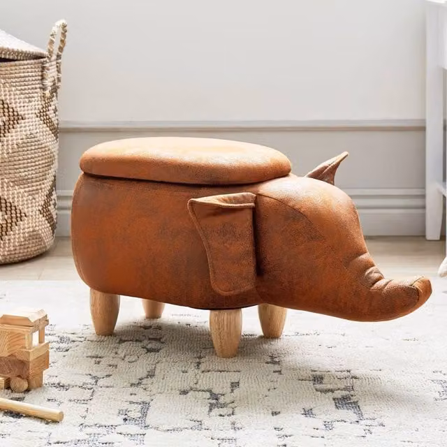 Wyld and Coco Elephant Kids Storage Stool in Brown Faux Leather with Rubberwood Legs – 1
