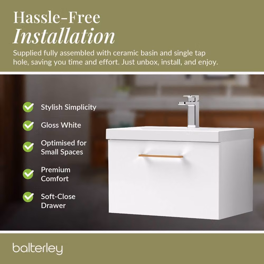 Balterley Gloss White Wall Hung 1 Drawer Vanity Basin Unit with Copper Handle, Width: 60 cm – 5