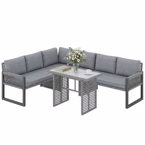 Outsunny 6 Seater Rattan Garden Furniture Set with 4 Piece Grey Polyrattan Design and Glass Table – 1