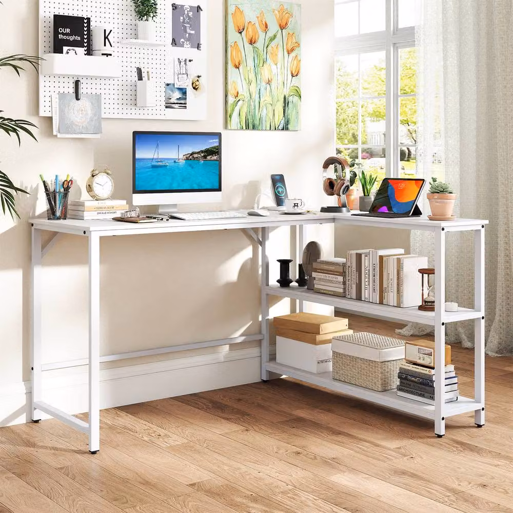 Costway L-Shaped Corner Computer and Writing Desk with Storage Shelves in White – 3