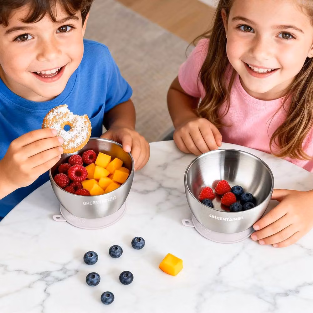 Greentainer Durable Baby Bowl Set, 3 Piece Double-Wall Insulated Stainless Steel and Silicone Set in Pink – 3