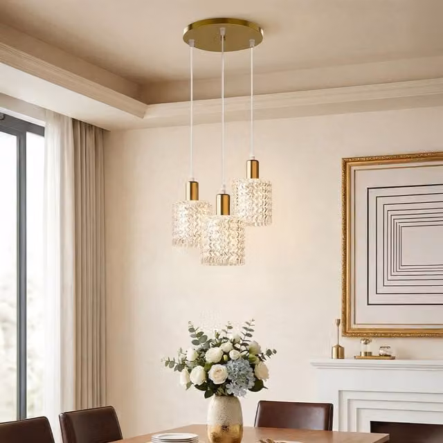 Livingandhome 3-Light Modern Metal and Glass Cylinder Pendant Light in Gold and Transparent