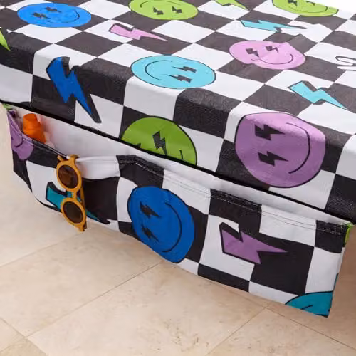 OHS Checkerboard Microfibre Beach Towel with Pocket and Bag, Quick-Dry Absorbent Sun Lounger Towel for Adults, W: 75 cm, L: 215 cm, Monochrome Smiley Checkerboard – 2