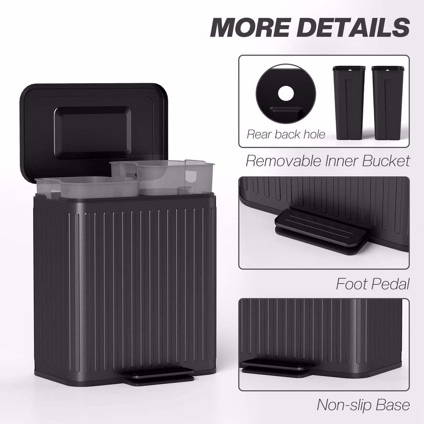 HOMCOM Dual Kitchen Pedal Bin with Soft-Close Lid and Fingerprint-proof Finish, Black, 2 x 20L – 7