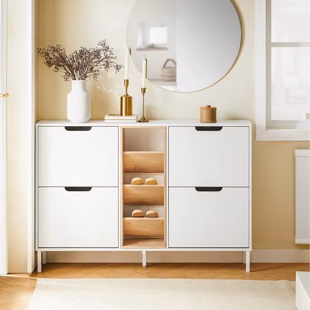 SoBuy Slim White Shoe Storage Cupboard with 4 Tilting Compartments and 3 Internal Shelves