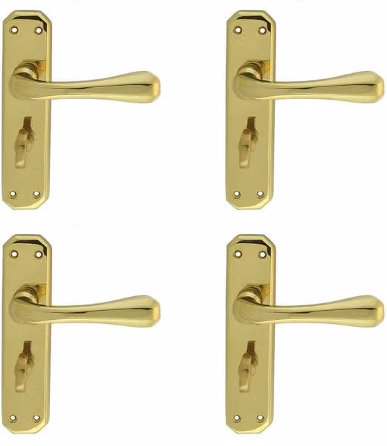 Loops 4x Pair Heavy Duty Lever Bathroom Handles on Angular Backplate, Polished Brass, W: 18 cm, H: 4 cm